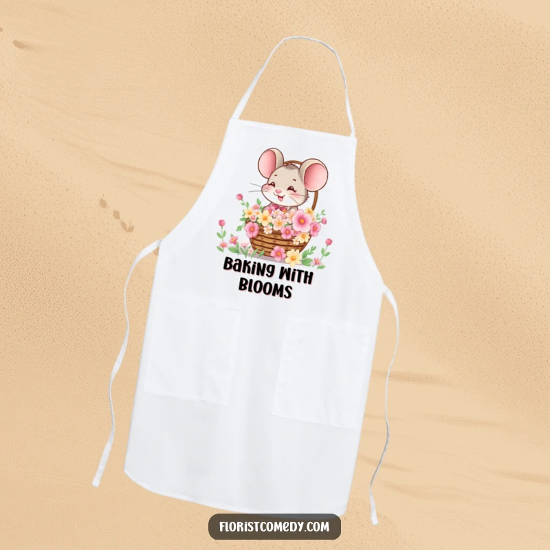 Funny apron showcasing a giggling mouse offering a basket overflowing with flowers, perfect for kitchen use or crafting.