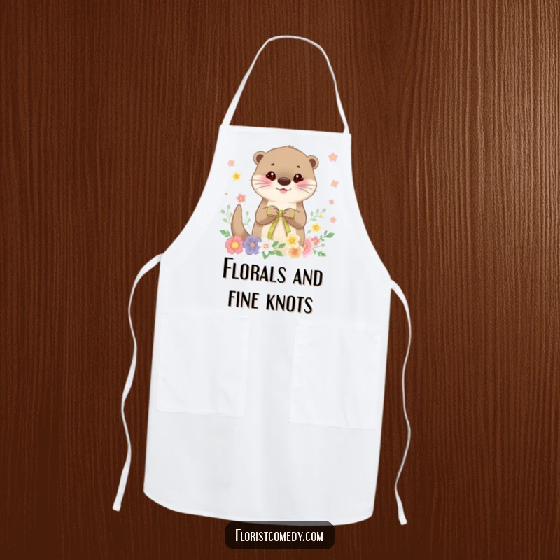 Funny otter apron, a cheerful otter character tying a ribbon on a floral arrangement, perfect for cooking or crafting with a humorous twist.