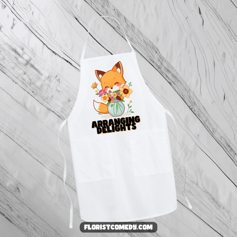 Funny fox character arranging flowers in a vase, a humorous apron for kitchen creativity, great gift.
