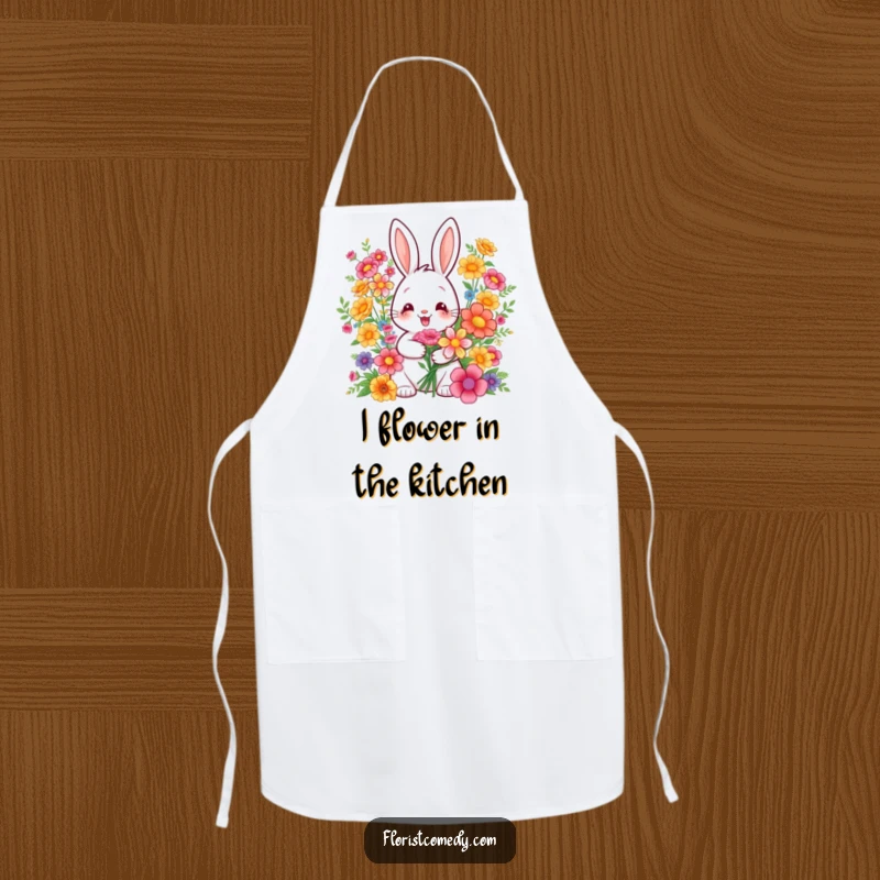 Funny apron showcasing a happy rabbit arranging a beautiful bouquet, perfect for kitchen use or crafting activities.