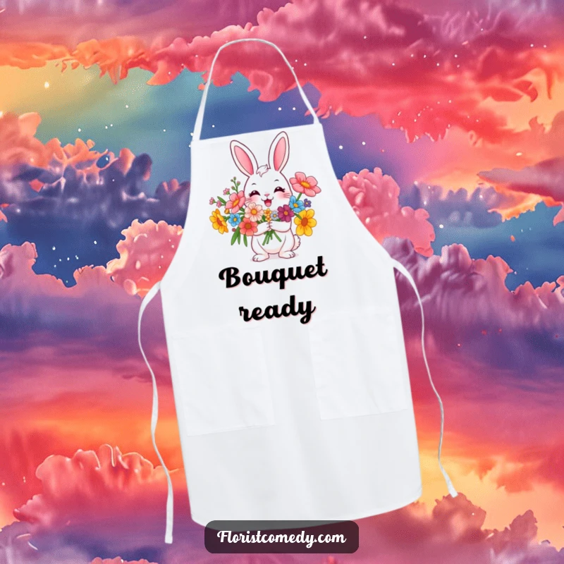 Funny rabbit character holding a vibrant flower bouquet, a humorous apron for kitchen or garden activities, great gift.