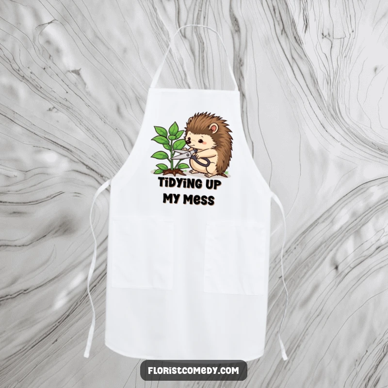 Funny hedgehog apron of a determined hedgehog trimming a plant with shears, ideal for a funny cook or gardener in the kitchen.