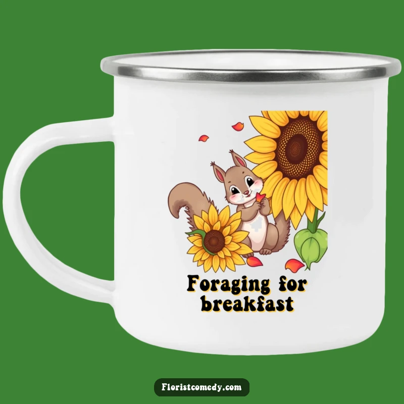 Funny Squirrel Sunflower Camping Mug: Curious Squirrel Picking Petals, Rustic Funny Gift for Outdoors