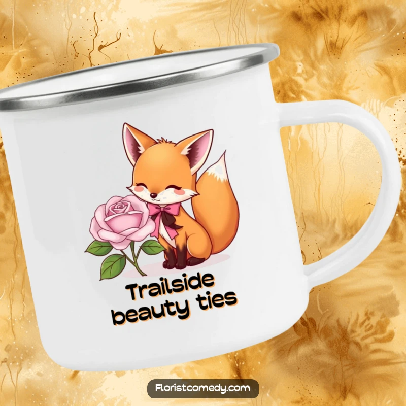 Funny fox camping mug showing a playful fox tying a ribbon around a rose, a durable and humorous cup for outdoor enthusiasts.