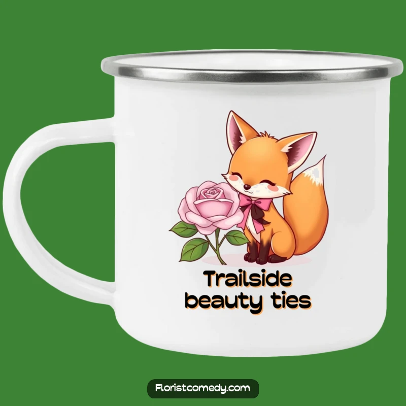 Funny Fox Florist Camping Mug: Playful Fox Tying Ribbon on Rose, Rustic Funny Gift for Outdoors