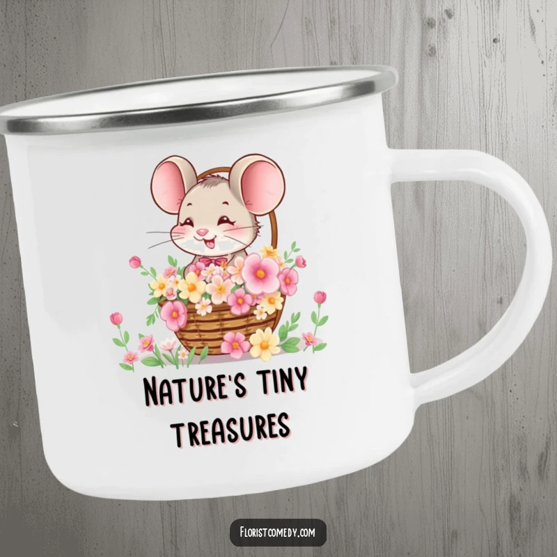 Funny camping mug featuring a giggling mouse offering a basket full of flowers, perfect for hot drinks during outdoor adventures.