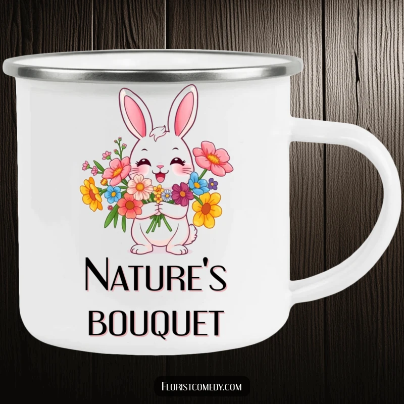 Funny rabbit character holding a flower bouquet, an enamel camping mug for outdoor fun and humor, great gift.