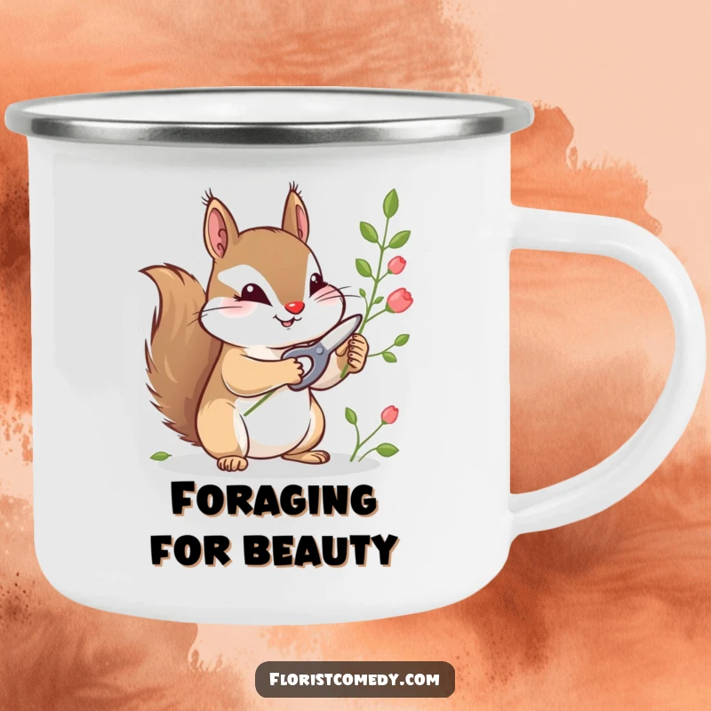 Funny camping mug featuring a curious squirrel with tiny shears, perfect for enjoying hot beverages during outdoor excursions.