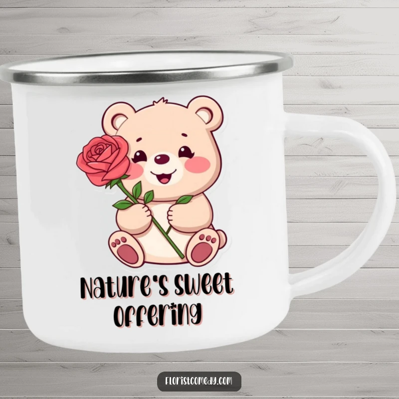 Funny camping mug featuring a happy bear presenting a single rose, perfect for enjoying hot beverages during camping trips.