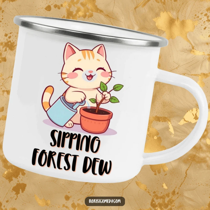 Funny cat camping mug with a smiling cat watering a sapling, a durable and humorous enamel cup for outdoor enthusiasts.