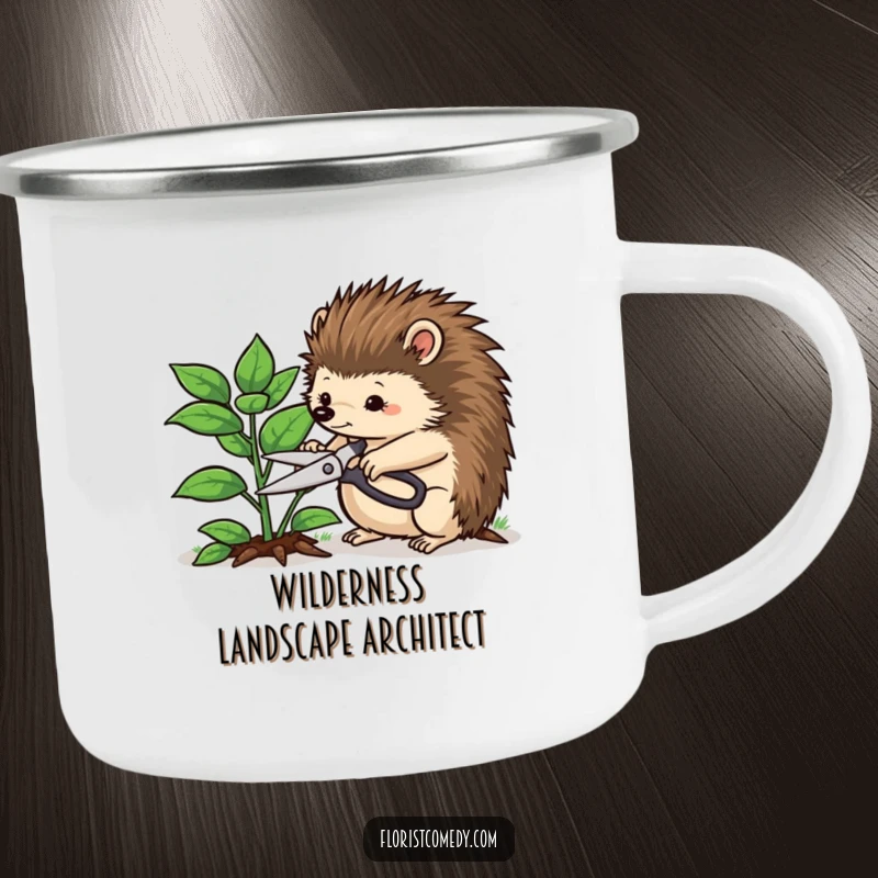 Funny hedgehog camping mug showing a determined hedgehog trimming a plant with shears, a durable and humorous cup for outdoor enthusiasts.