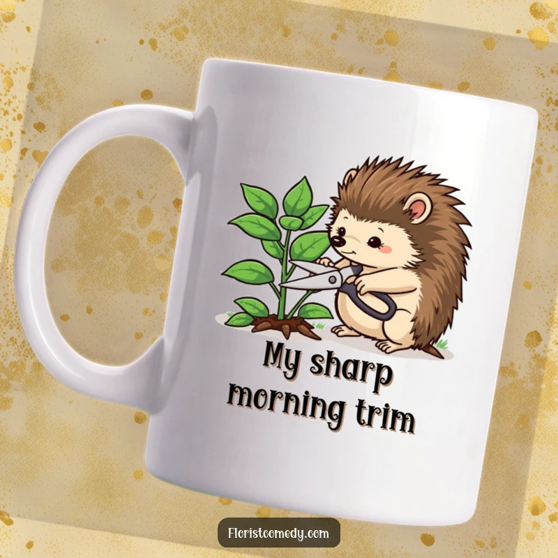 Funny hedgehog mug showing a determined hedgehog using small pruning shears to trim a leafy green plant, a humorous gardening scene.