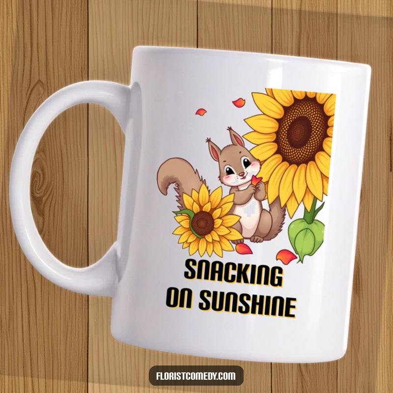 Funny squirrel mug showing a curious squirrel picking colorful petals from a large, bright yellow sunflower, a humorous scene of nature's bounty.