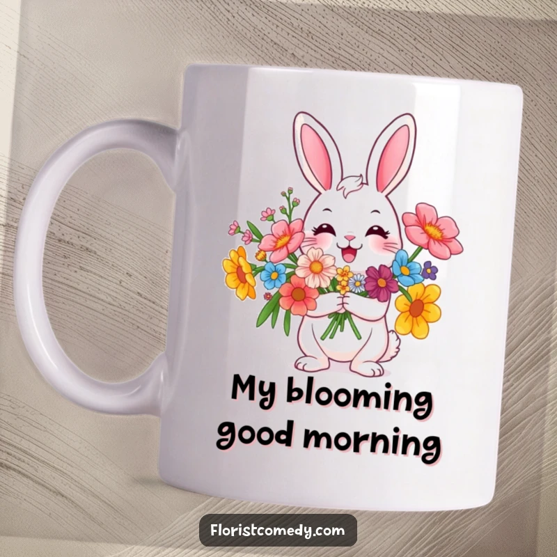 Funny happy rabbit character beaming while holding a vibrant bouquet of flowers, perfect for gifting.