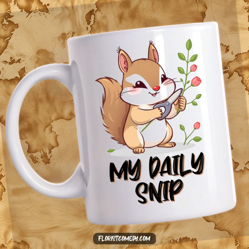 Funny mug featuring a curious squirrel meticulously snipping stems with tiny shears, embodying a tiny, dedicated gardener.