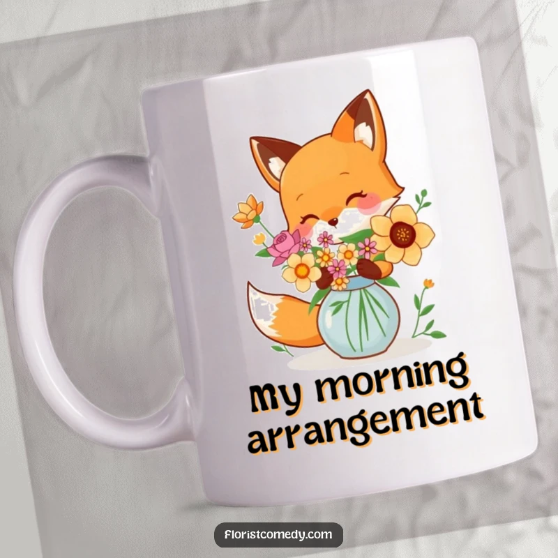 Funny playful fox character carefully arranging colorful flowers in a vase, artistic and humorous gift idea.