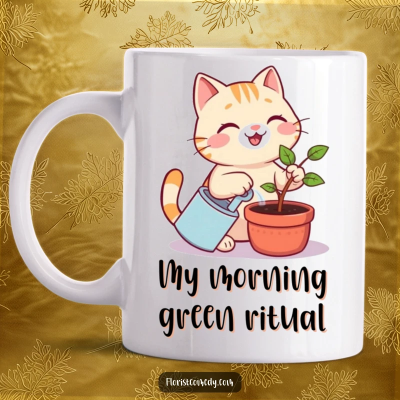 Funny cat mug featuring a cheerful kitty with a smile, carefully watering a small potted sapling with a watering can, embodying a funny gardening moment.