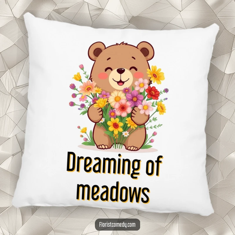 Funny bear pillow depicting a happy bear arranging a bouquet of vibrant wildflowers, perfect for a natural and cozy accent.