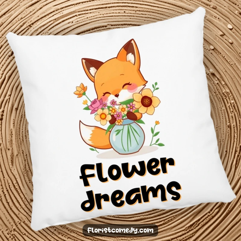 Funny fox arranging flowers in a vase, a soft and humorous pillow with artistic charm, perfect gift.
