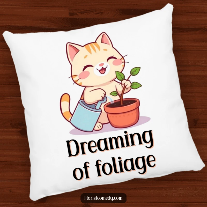 Funny cat pillow with a cheerful cat smiling and watering a small plant, bringing funny gardening vibes to any room.