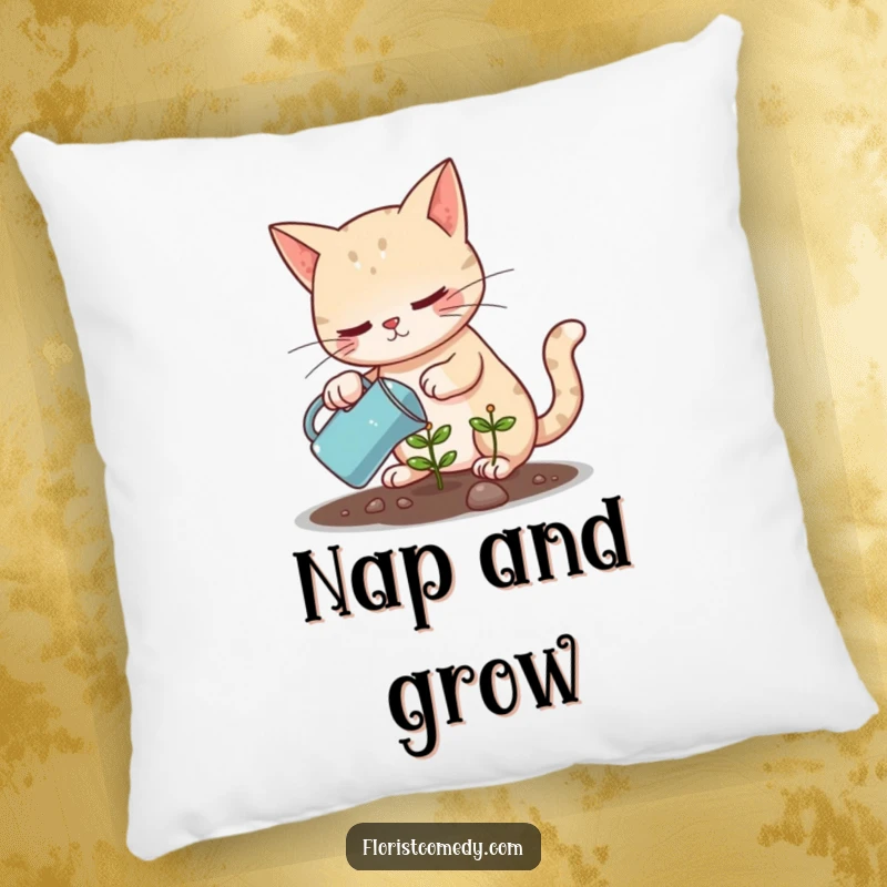 Funny cat watering a tiny plant, a soft and humorous pillow for cozying up with dedication, perfect gift.