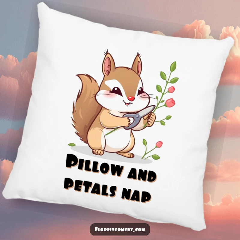 Funny pillow featuring a curious squirrel with tiny shears tending to plants, adding comfort and a whimsical touch to seating.