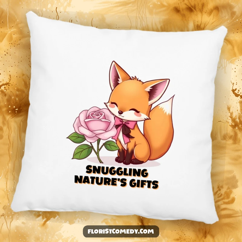 Funny fox pillow featuring a playful fox tying a ribbon around a rose, perfect for adding funny floral charm to any room.