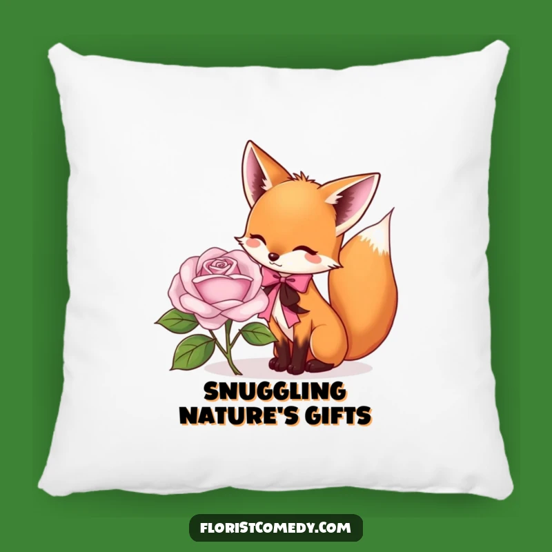 Funny Fox Florist Pillow: Playful Fox Tying Ribbon on Rose, Soft Funny Gift for Decor