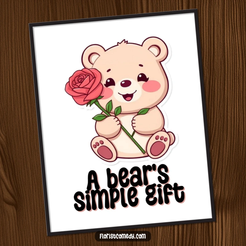 Funny digital art print of a happy bear offering a single vibrant rose, perfect for instant download and romantic wall decor.