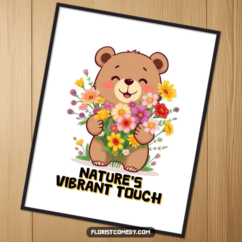 Funny bear digital art print of a happy bear arranging a bouquet of vibrant wildflowers, ready for instant display.