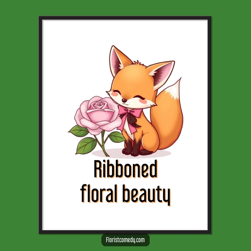 Funny Fox Florist Digital Art: Playful Fox Tying Ribbon on Rose Printable, Instant Funny Gift