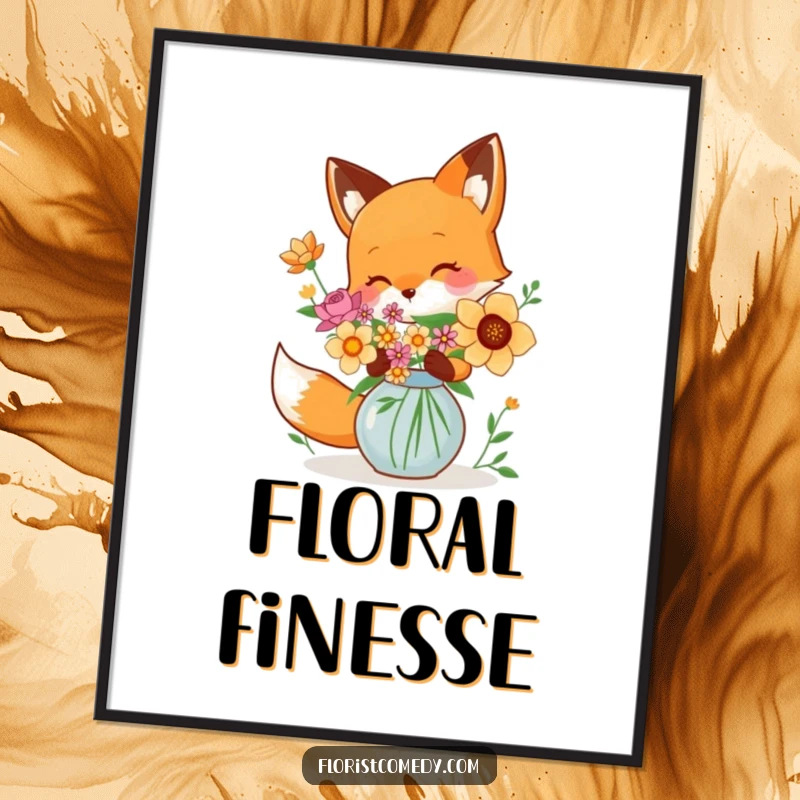 Funny fox character arranging colorful blooms in a vase, a whimsical digital art print for stylish decor, great gift.