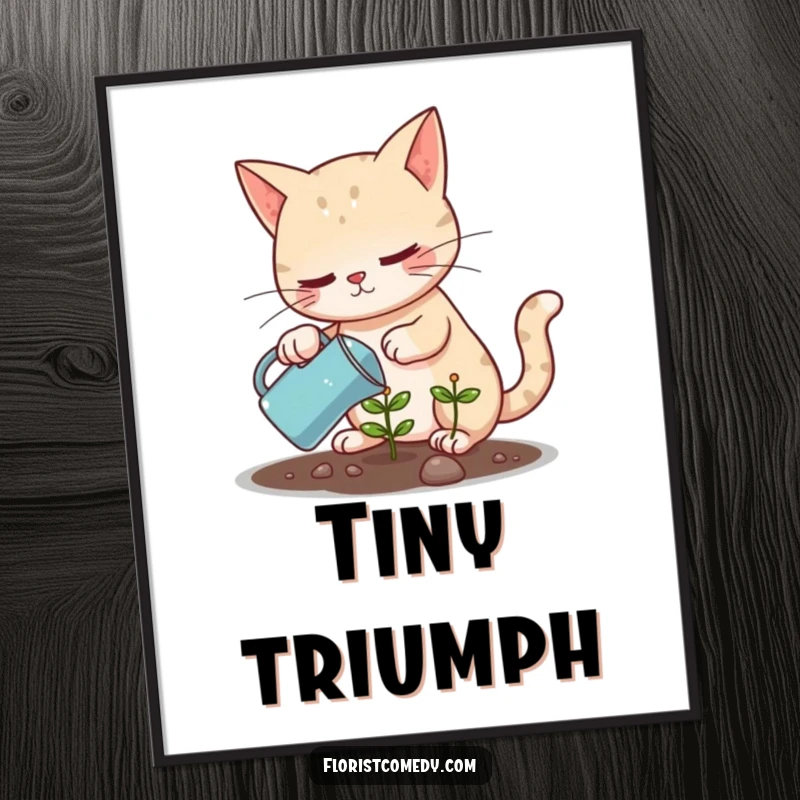 Funny determined cat watering a small plant, a humorous digital art print for nurturing decor, great gift.