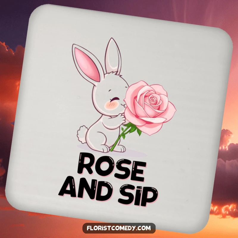 Funny curious bunny smelling a rose, a humorous drink coaster for tabletops, adding floral charm, nice gift.