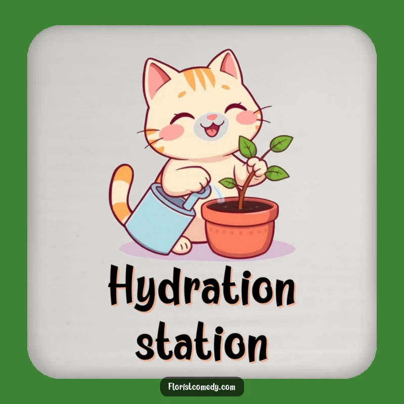 Funny Cat Gardener Drink Coaster: Cheerful Kitty Watering Plant Table Protector, Cute Funny Gift