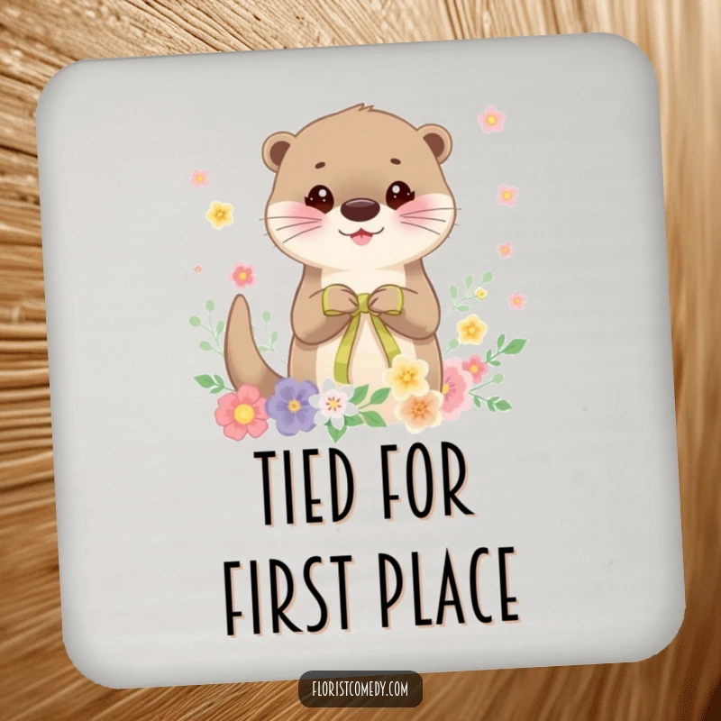 Funny otter drink coaster, a cheerful otter character tying a ribbon on a floral arrangement, protecting surfaces with humor and style.