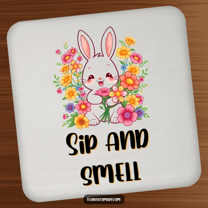 Funny drink coaster featuring a cheerful rabbit artist arranging a beautiful bouquet, adding a touch of whimsy to tabletops.