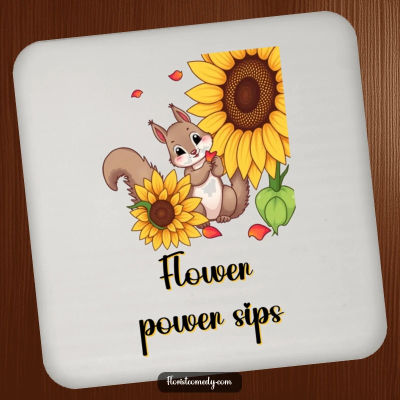 Funny squirrel coaster featuring a curious squirrel picking petals from a sunflower, a humorous and decorative accessory for tables.