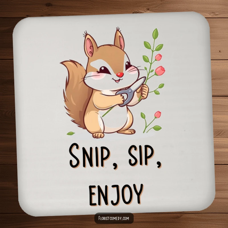 Funny drink coaster featuring a curious squirrel snipping plant stems with tiny shears, adding a whimsical touch to tabletops.
