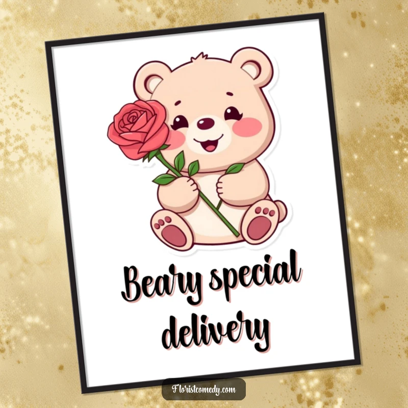 Funny poster of a cheerful bear holding out a single vibrant rose, perfect for adding a romantic and cute vibe to decor.