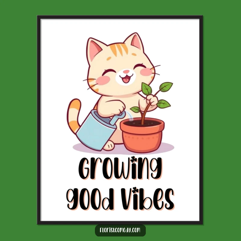 Funny Cat Gardener Poster: Cheerful Kitty Watering Plant Art, Charming Funny Gift for Plant Enthusiasts