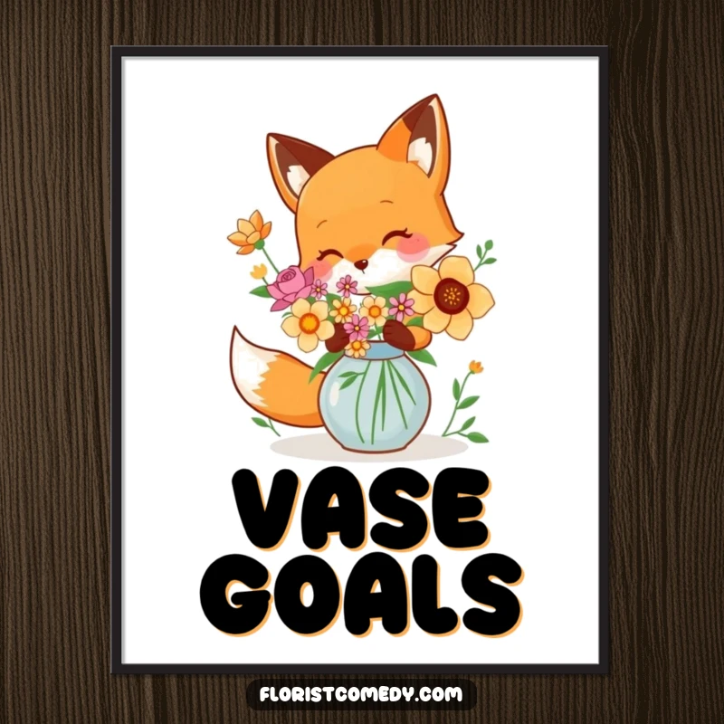Funny playful fox arranging colorful blooms in a vase, a whimsical and humorous art print for wall decor, ideal gift.