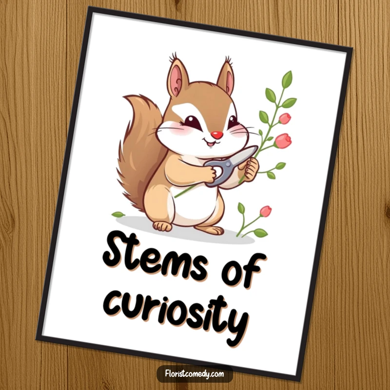 Funny poster of a curious squirrel with tiny shears, carefully snipping stems, adding a whimsical touch to wall decor.