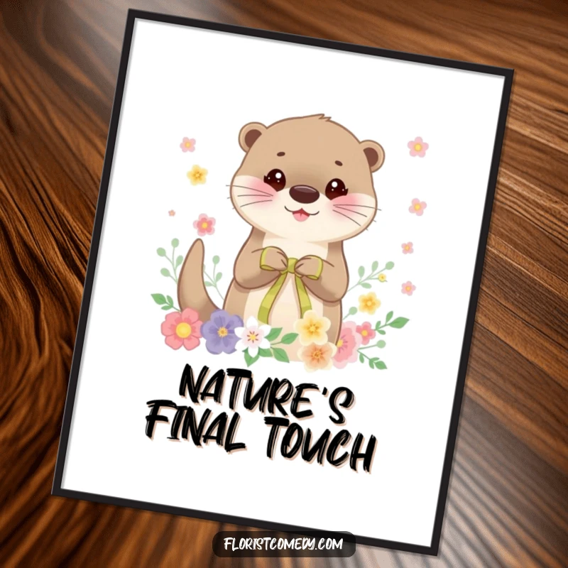 Funny otter art print, a cheerful otter character carefully tying a ribbon on a beautiful floral arrangement, showcasing intricate details and happy vibes.