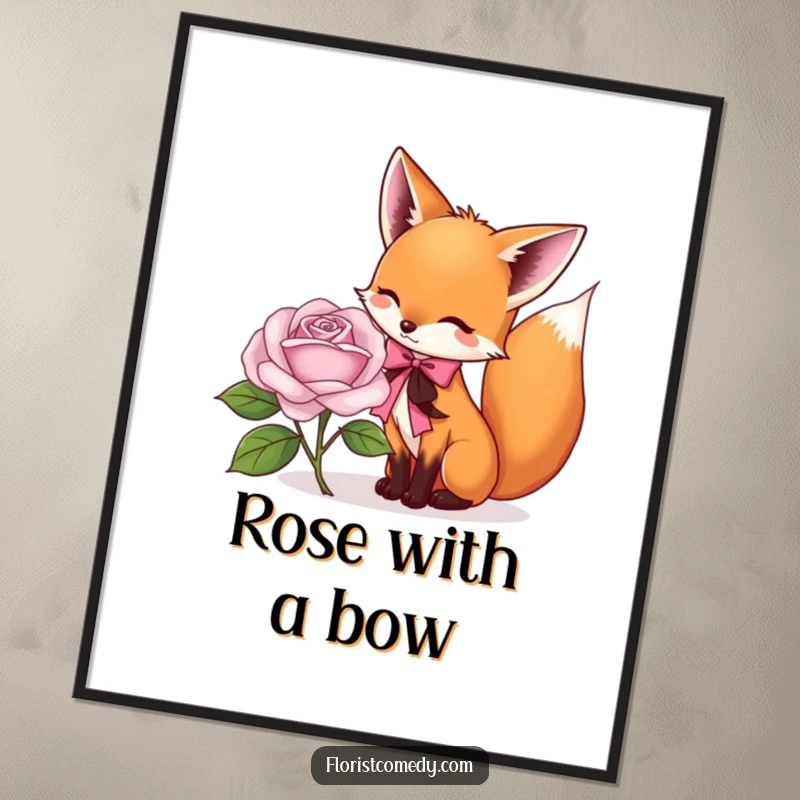 Funny fox poster of a playful fox tying a ribbon around a rose, great for humorous floral art and wall decor.