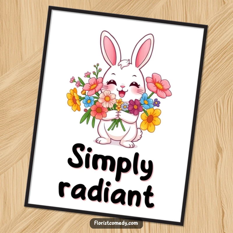 Funny happy rabbit character holding a bright flower bouquet, a cheerful and humorous art print for home decor, ideal gift.