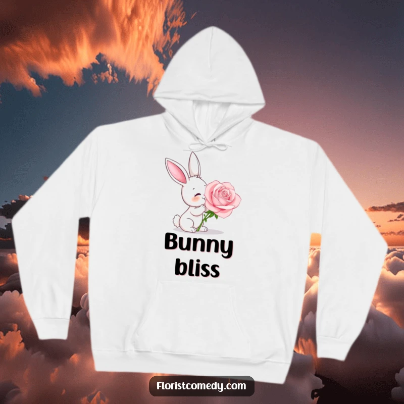 Funny bunny smelling a large rose, a cozy and humorous hoodie for floral lovers, excellent gift.
