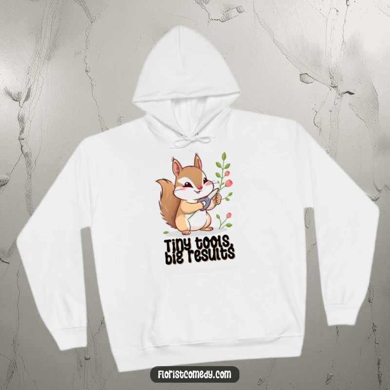 Funny hoodie featuring a curious squirrel with tiny shears, tending to plants, perfect for staying warm and stylish outdoors.