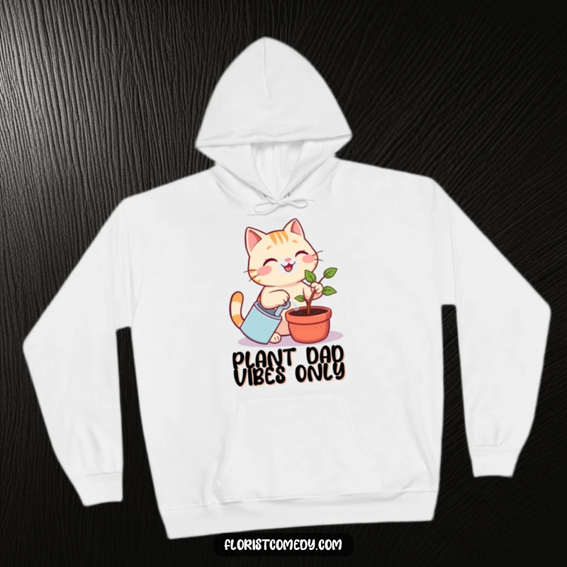 Funny cat hoodie with a smiling cat watering a small plant sapling, perfect for cozy days and embodying a funny gardener's spirit.