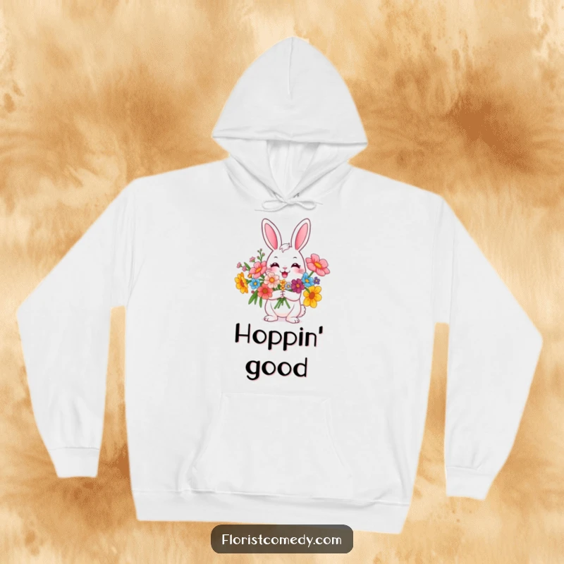 Funny rabbit character holding a beautiful flower arrangement, a cozy and humorous hoodie for cheerful days, great gift.